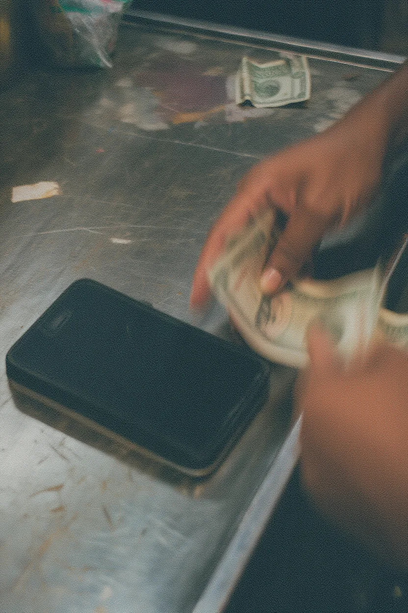 Hand holding cash and a device