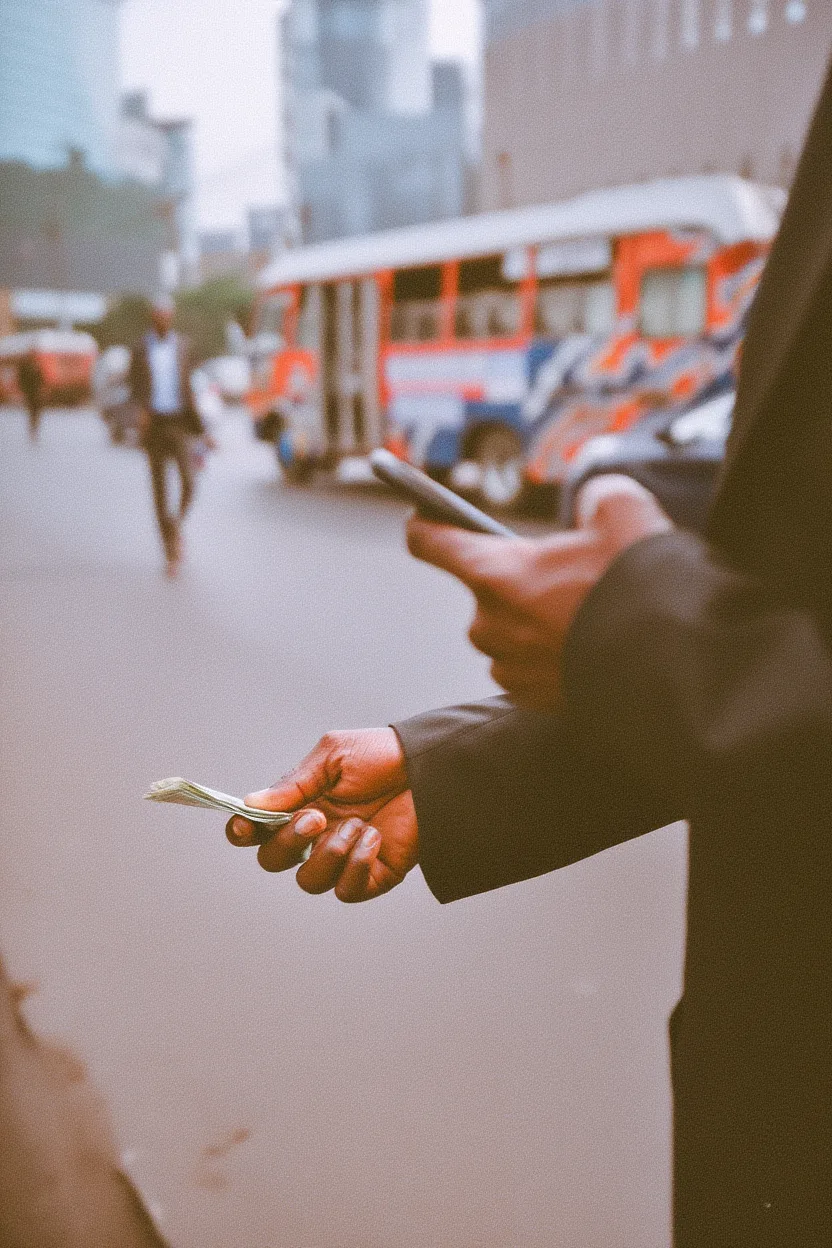 Cash and device in hand
